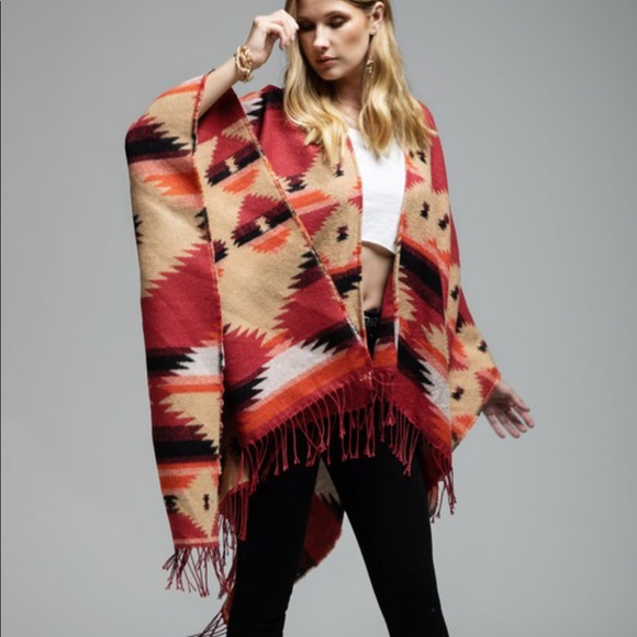 Accessories - Western Print Ruana Poncho Red